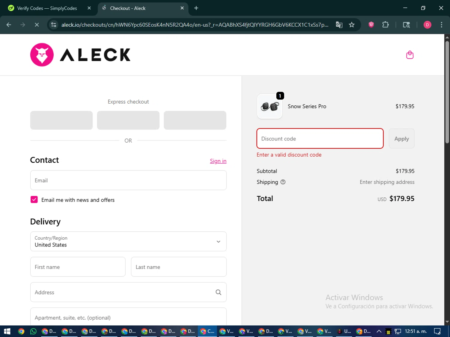 Aleck US promo code screenshot showing code VTW2HLT6 applied at Aleck US checkout page. Uploaded by SimplyCodes community member MoneySeeker7165 on Dec 18, 2025