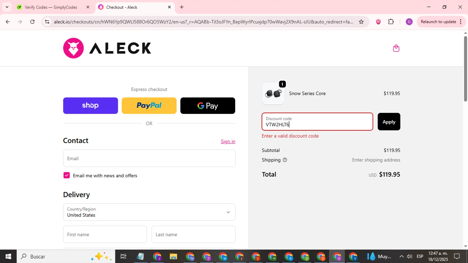 Aleck US promo code screenshot showing code VTW2HLT6 applied at Aleck US checkout page. Uploaded by SimplyCodes community member ValuePilot6849 on Dec 18, 2025