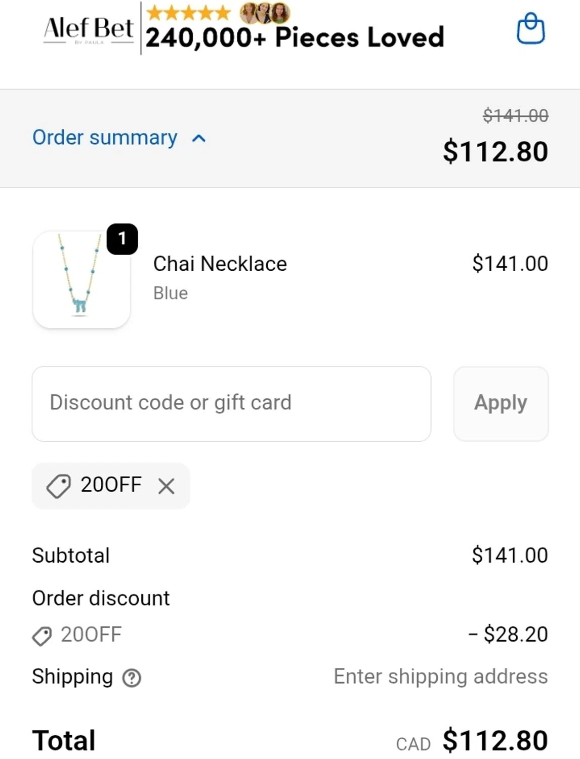 Alef Bet by Paula coupon code screenshot showing code 20OFF applied at Alef Bet by Paula checkout page. Uploaded by SimplyCodes community member ValiantCurator3344 on Nov 24, 2025
