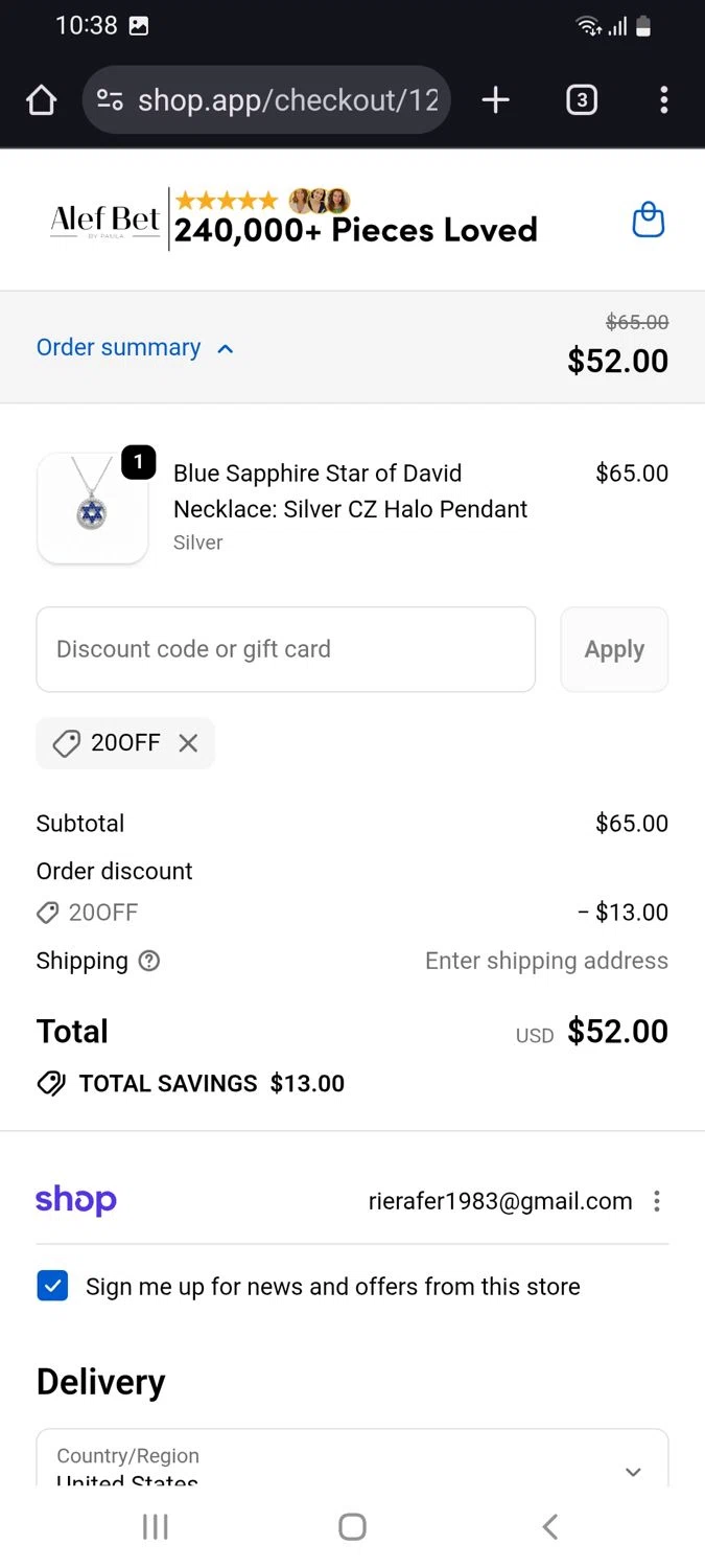 Alef Bet by Paula coupon code screenshot showing code 20OFF applied at Alef Bet by Paula checkout page. Uploaded by SimplyCodes community member tulioriera on Jan 1, 2026