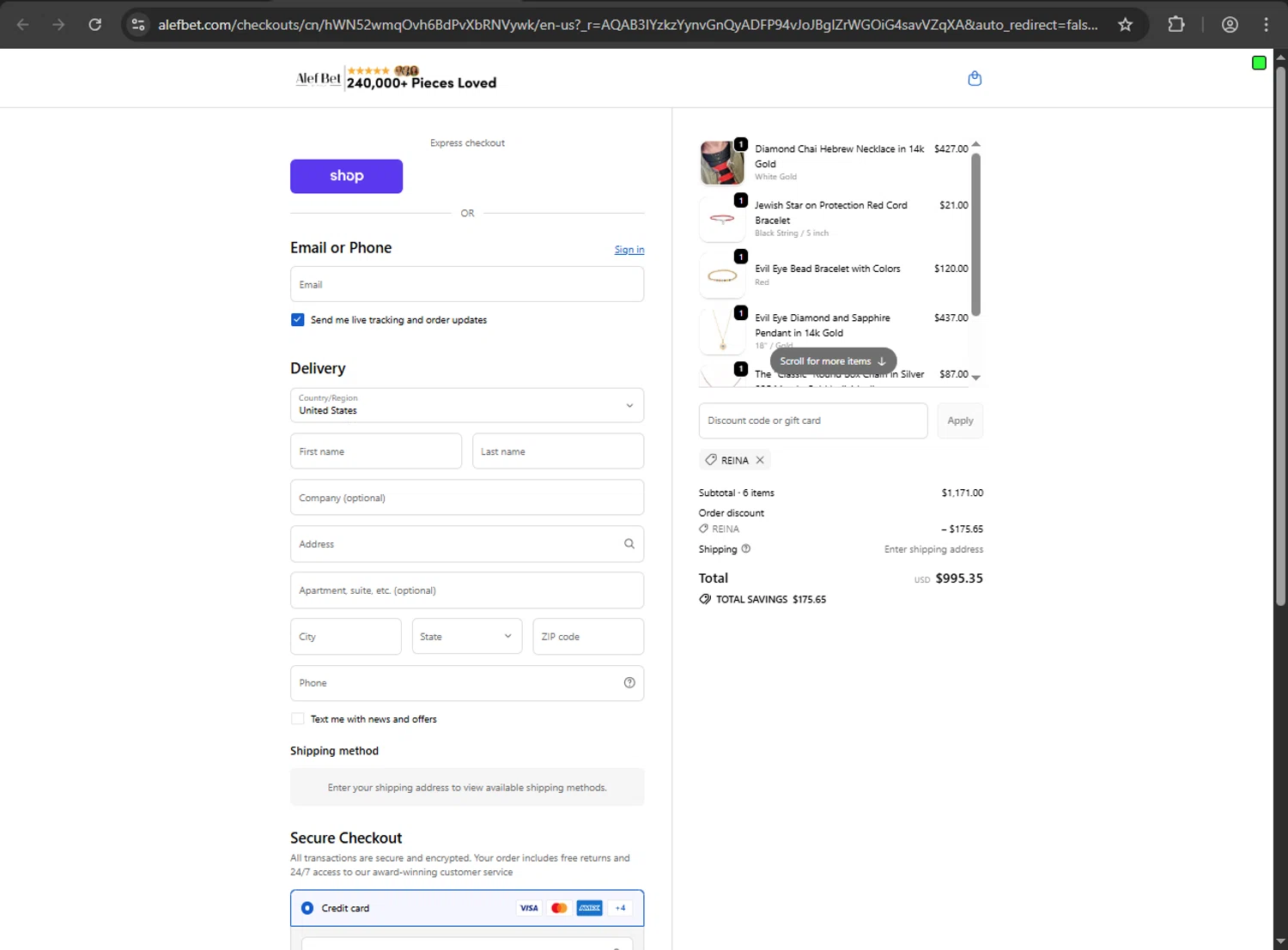 Alef Bet by Paula coupon code screenshot showing code Reina applied at Alef Bet by Paula checkout page. Uploaded by SimplyCodes community member Scrooge on Nov 8, 2025