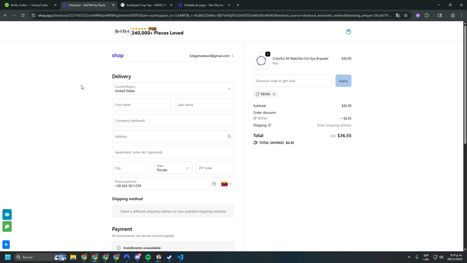 Alef Bet by Paula coupon code screenshot showing code Reina applied at Alef Bet by Paula checkout page. Uploaded by SimplyCodes community member sfdfgdsfgdfgdfg on Nov 29, 2025