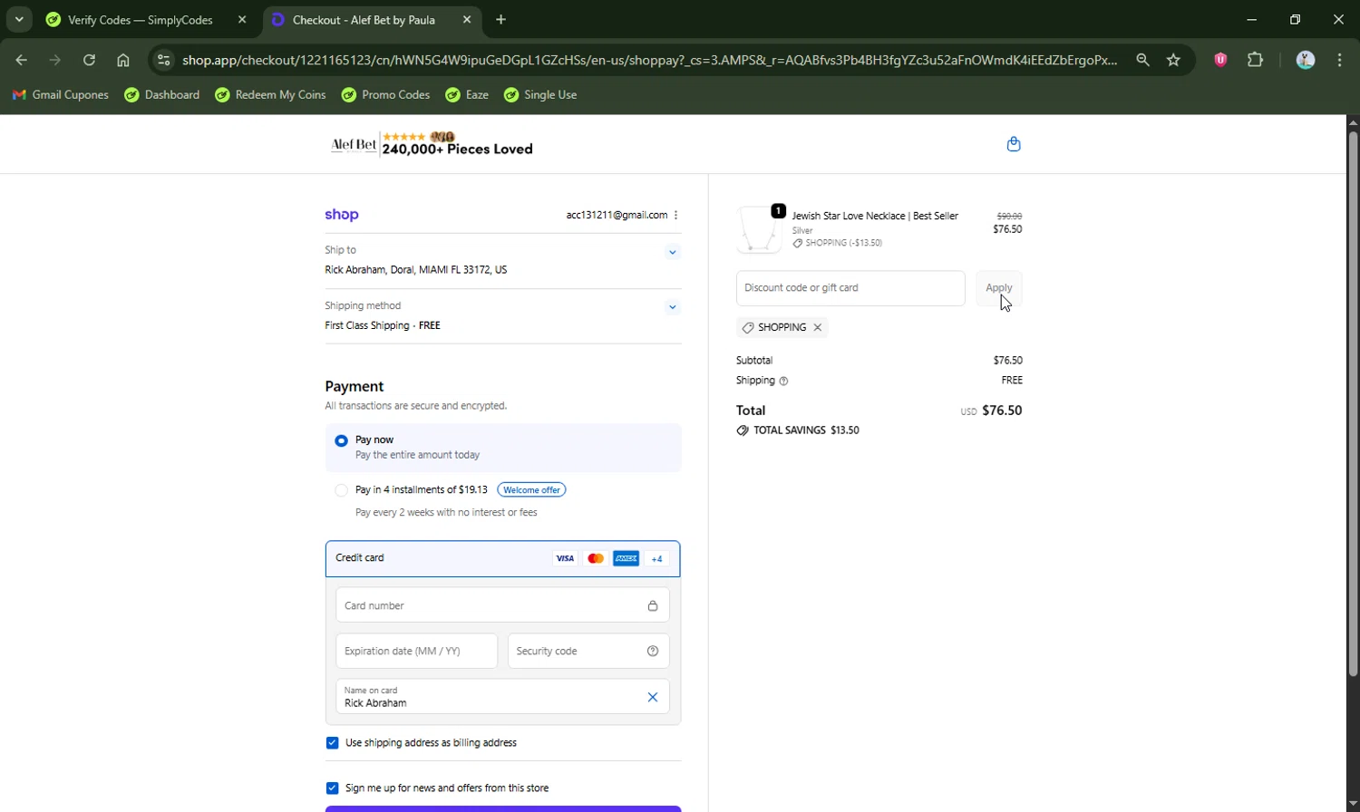Alef Bet by Paula coupon code screenshot showing code Shopping applied at Alef Bet by Paula checkout page. Uploaded by SimplyCodes community member LHaunter2 on Nov 13, 2025