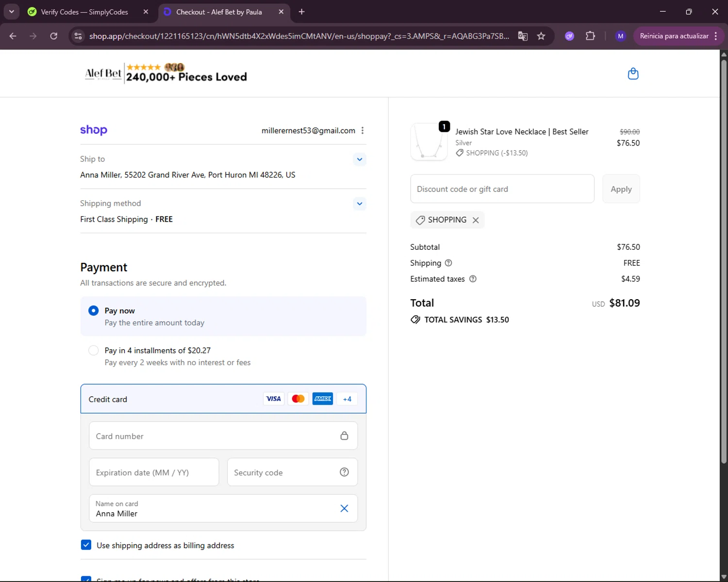 Alef Bet by Paula coupon code screenshot showing code Shopping applied at Alef Bet by Paula checkout page. Uploaded by SimplyCodes community member RewardLynx5307 on Nov 24, 2025