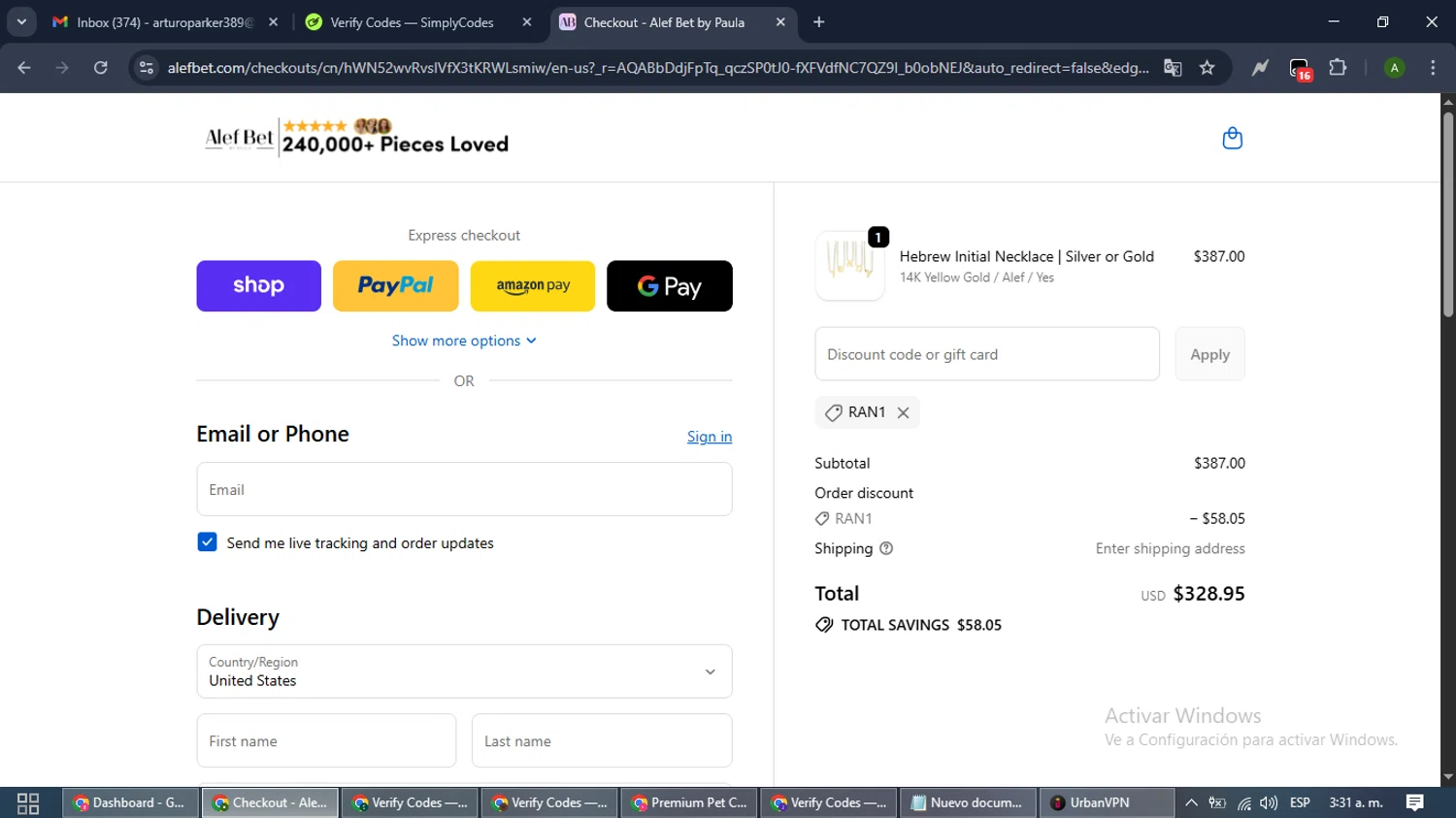 Alef Bet by Paula coupon code screenshot showing code RAN1 applied at Alef Bet by Paula checkout page. Uploaded by SimplyCodes community member CashLynx5338 on Nov 8, 2025