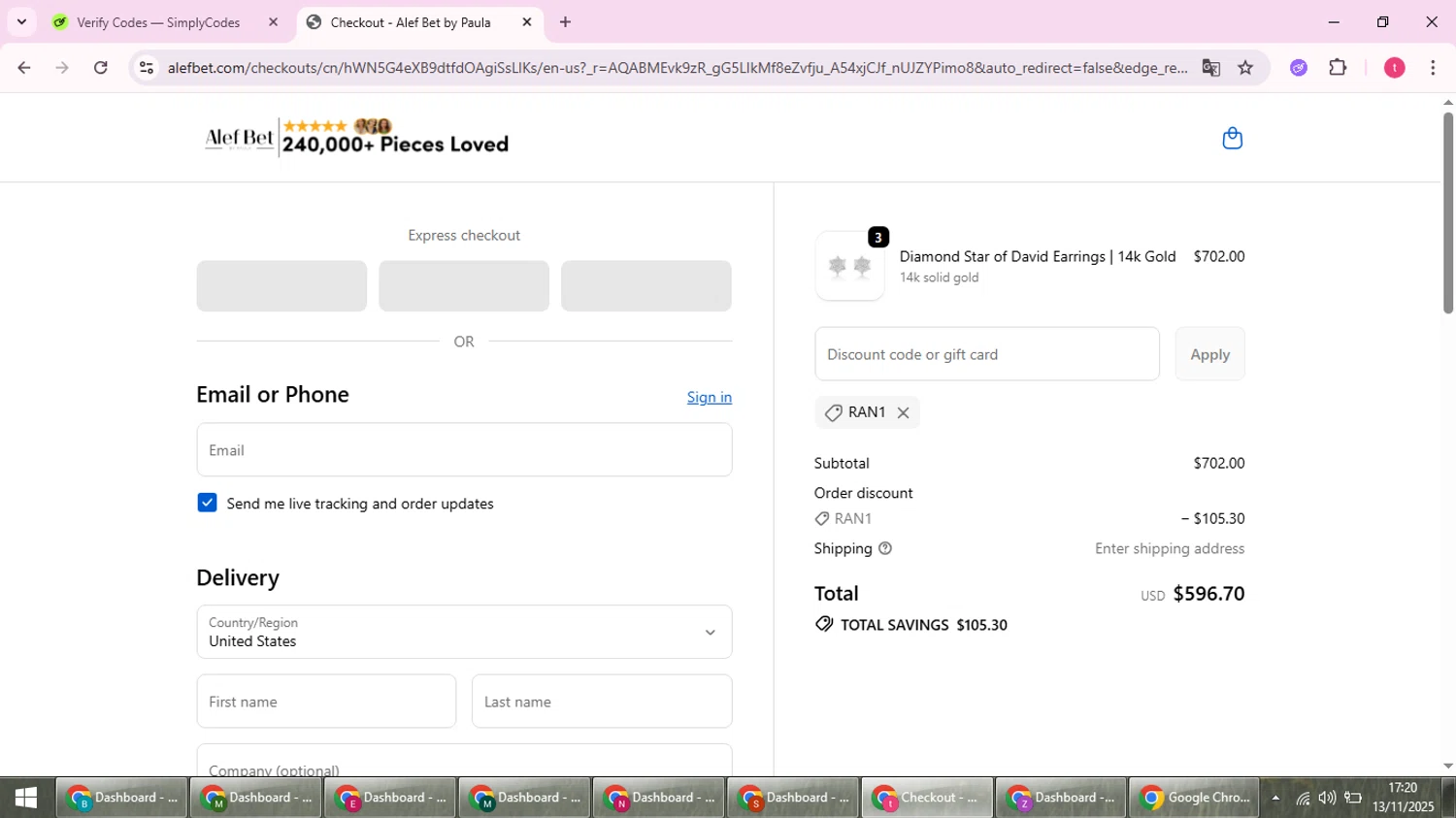 Alef Bet by Paula coupon code screenshot showing code RAN1 applied at Alef Bet by Paula checkout page. Uploaded by SimplyCodes community member ScanExpert2824 on Nov 13, 2025