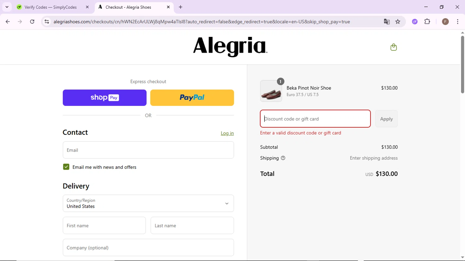 Alegria discount code screenshot showing code TAKE10 applied at Alegria checkout page. Uploaded by SimplyCodes community member CashLion2660 on Aug 26, 2025