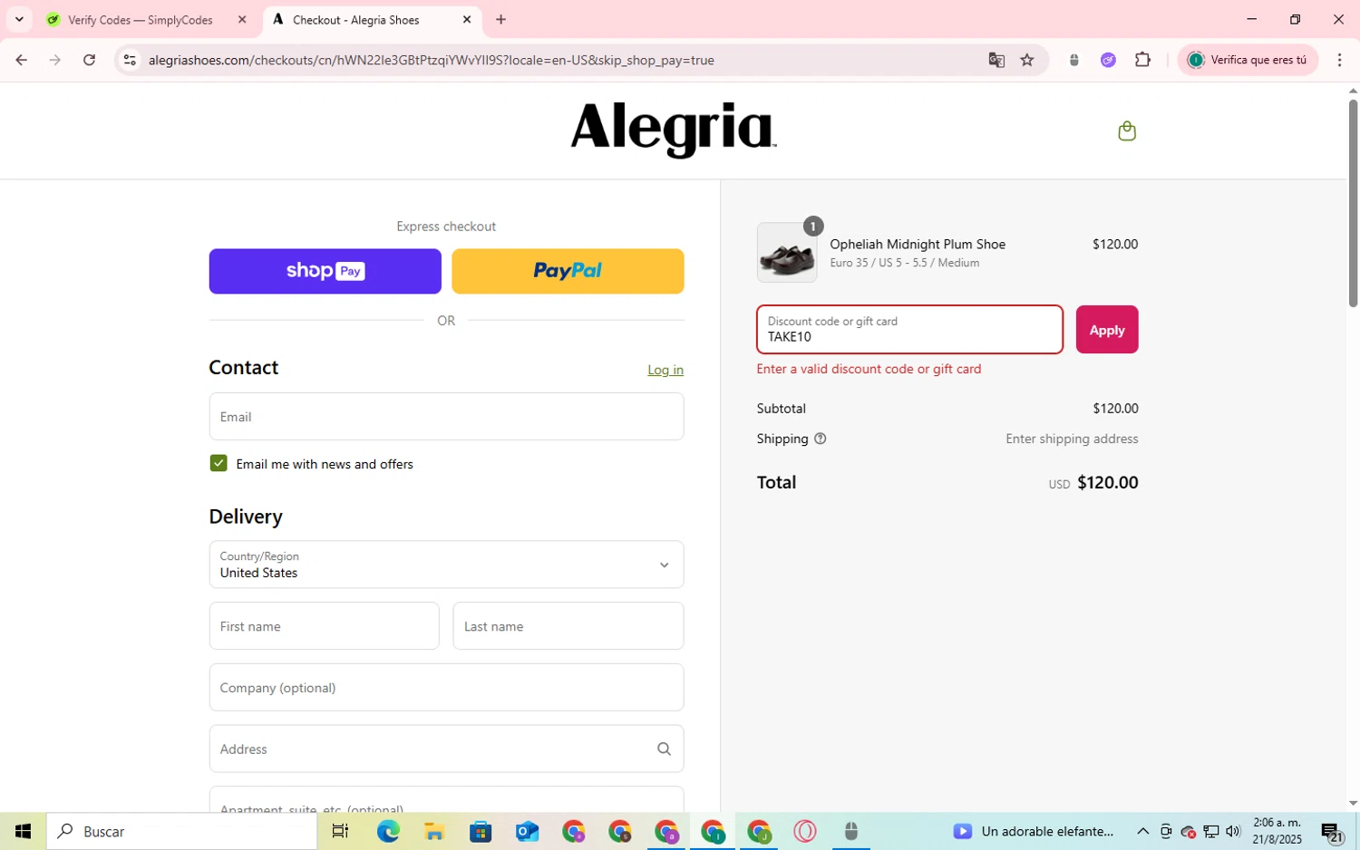 Alegria discount code screenshot showing code TAKE10 applied at Alegria checkout page. Uploaded by SimplyCodes community member SmartShopper4328 on Aug 21, 2025