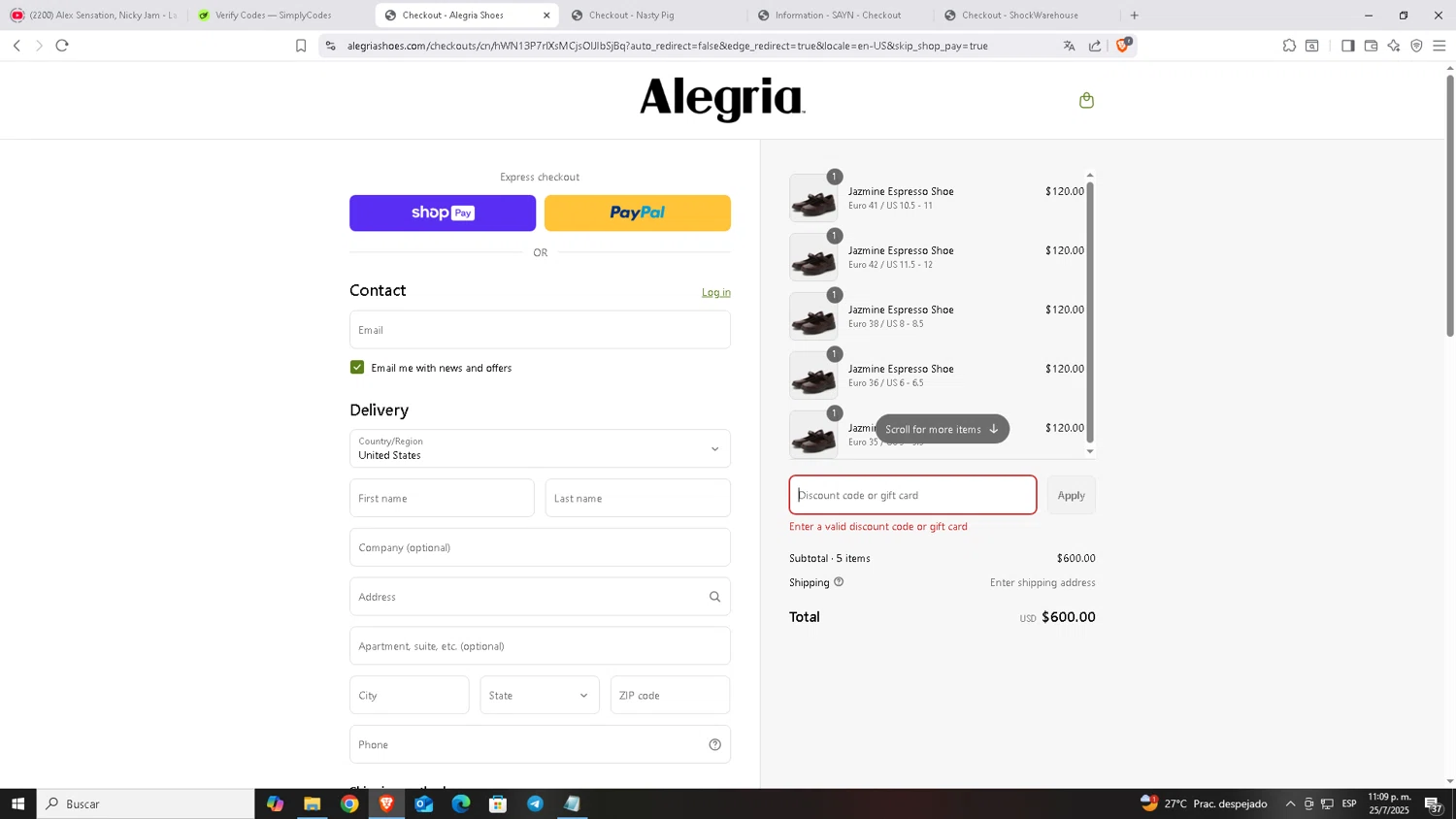 Alegria discount code screenshot showing code NURSESWEEK applied at Alegria checkout page. Uploaded by SimplyCodes community member Carloscoder_900457733 on Jul 26, 2025