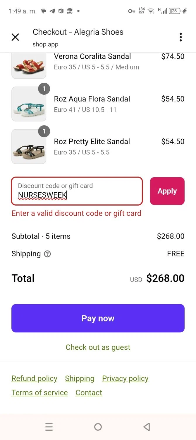 Alegria discount code screenshot showing code NURSESWEEK applied at Alegria checkout page. Uploaded by SimplyCodes community member coromotopalmar on Jul 26, 2025