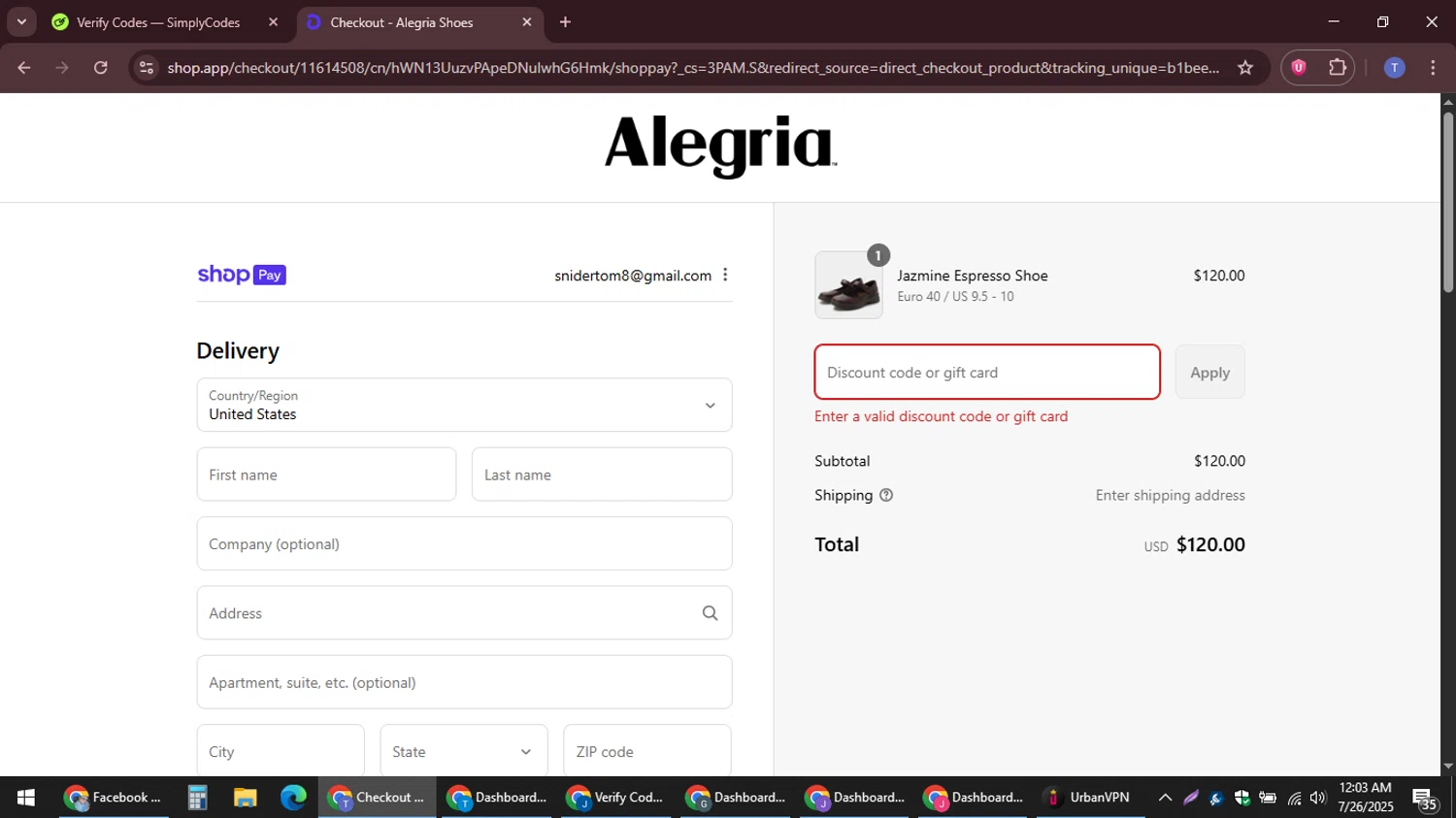 Alegria discount code screenshot showing code NURSESWEEK applied at Alegria checkout page. Uploaded by SimplyCodes community member snidertom8 on Jul 26, 2025
