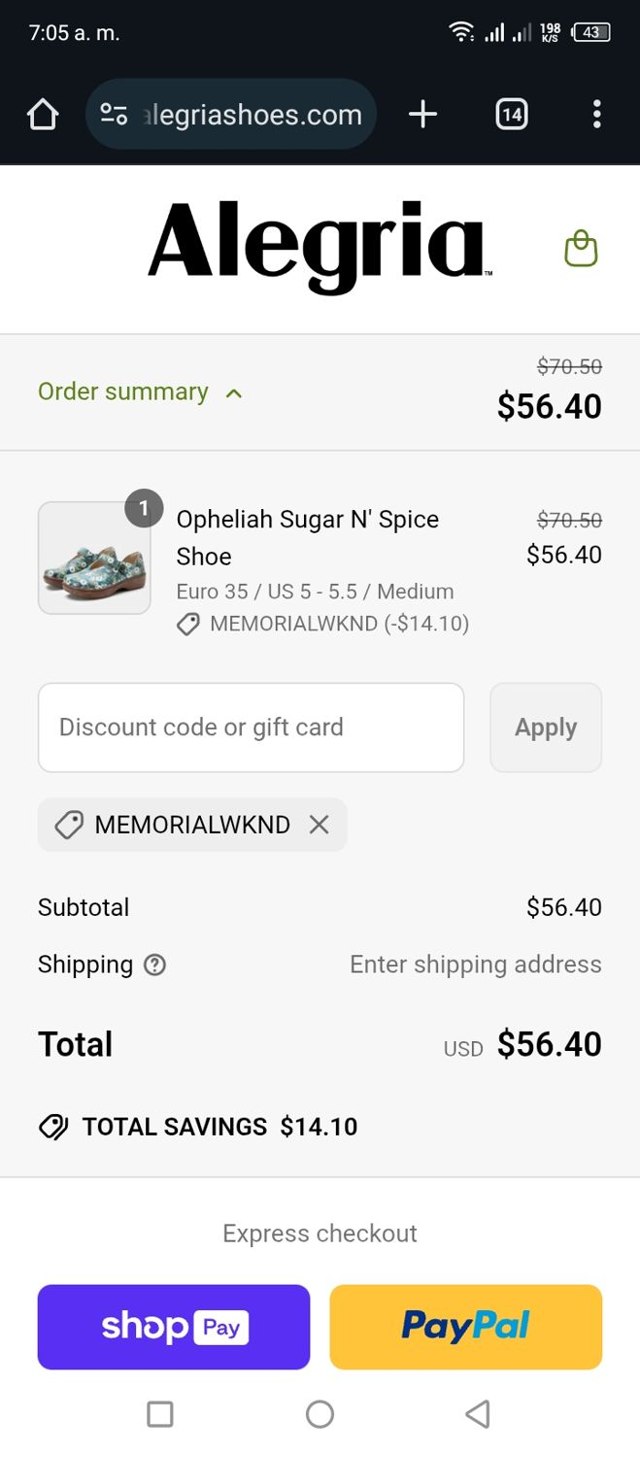 Alegria checkout page showing Alegria discount code box | Screenshot taken by SimplyCodes community member on May 24, 2025
