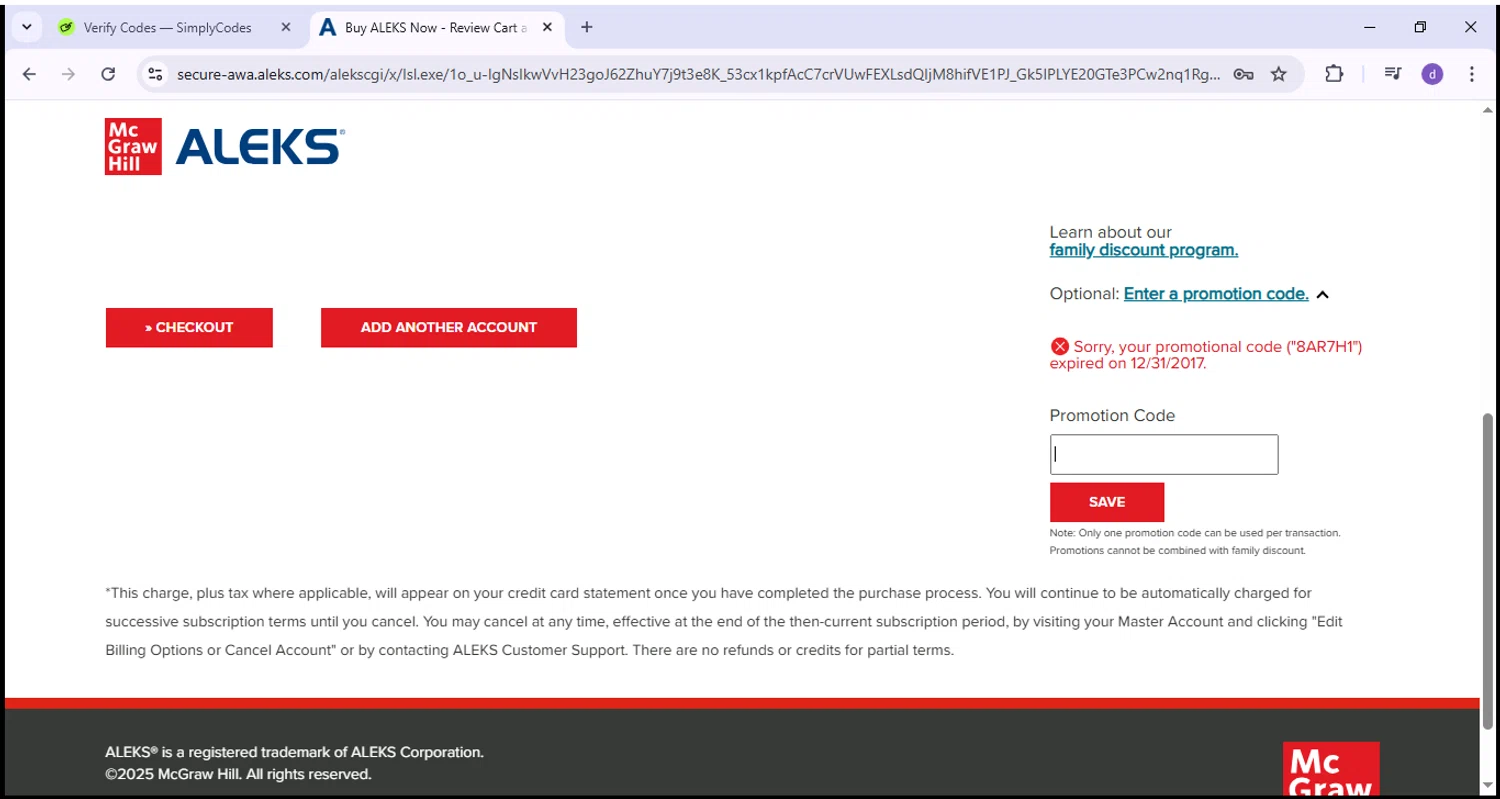 Aleks promo code screenshot showing code 8AR7H1 applied at Aleks checkout page. Uploaded by SimplyCodes community member VoucherPilot2282 on Apr 10, 2025