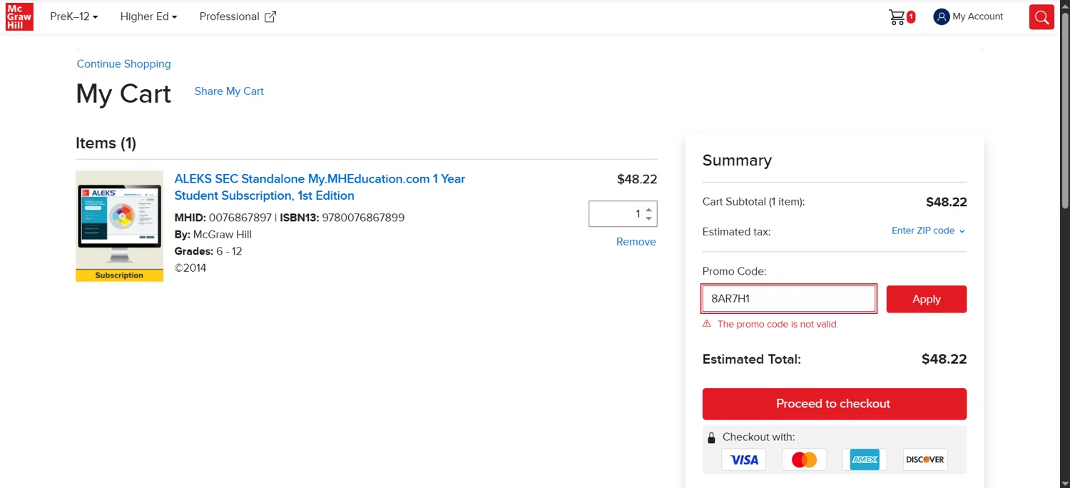 Aleks promo code screenshot showing code 8AR7H1 applied at Aleks checkout page. Uploaded by SimplyCodes community member rapiddeals on Apr 24, 2025