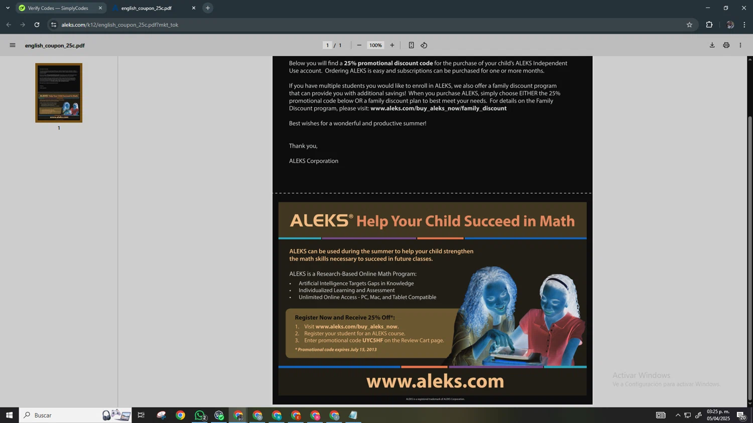 Aleks checkout page showing Aleks promo code box | Screenshot taken by SimplyCodes community member on Apr 5, 2025