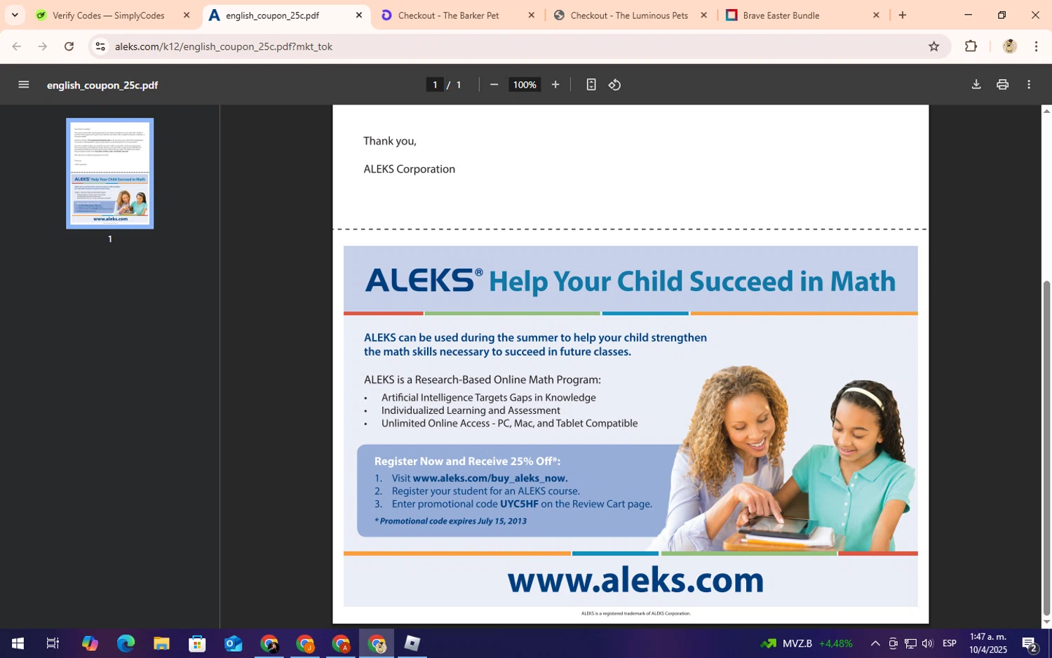 Aleks checkout page showing Aleks promo code box | Screenshot taken by SimplyCodes community member on Apr 10, 2025