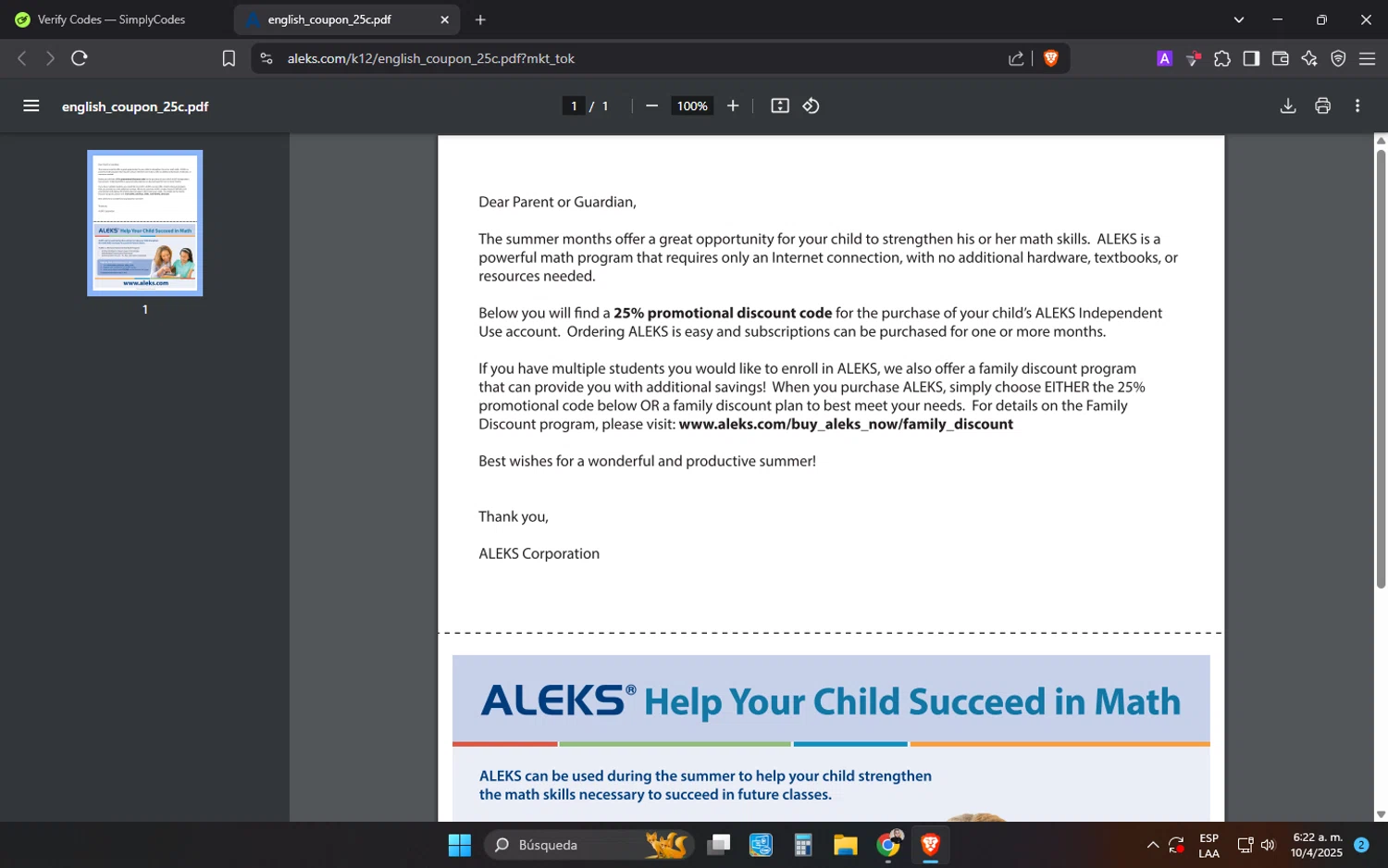 Aleks checkout page showing Aleks promo code box | Screenshot taken by SimplyCodes community member on Apr 10, 2025