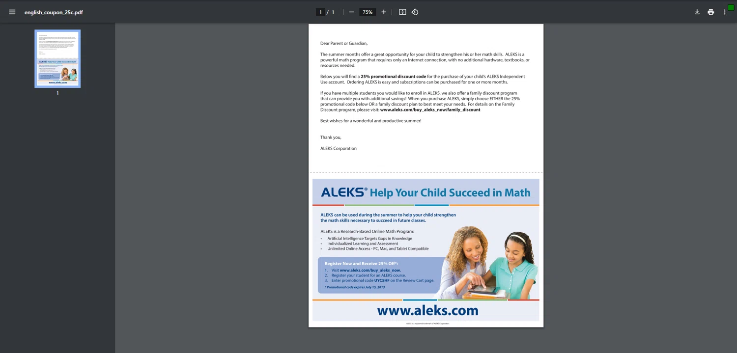 Aleks checkout page showing Aleks promo code box | Screenshot taken by SimplyCodes community member on Apr 10, 2025