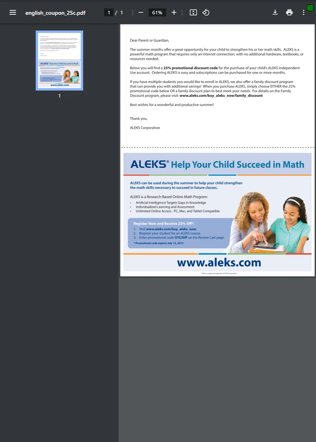 Aleks checkout page showing Aleks promo code box | Screenshot taken by SimplyCodes community member on Apr 11, 2025