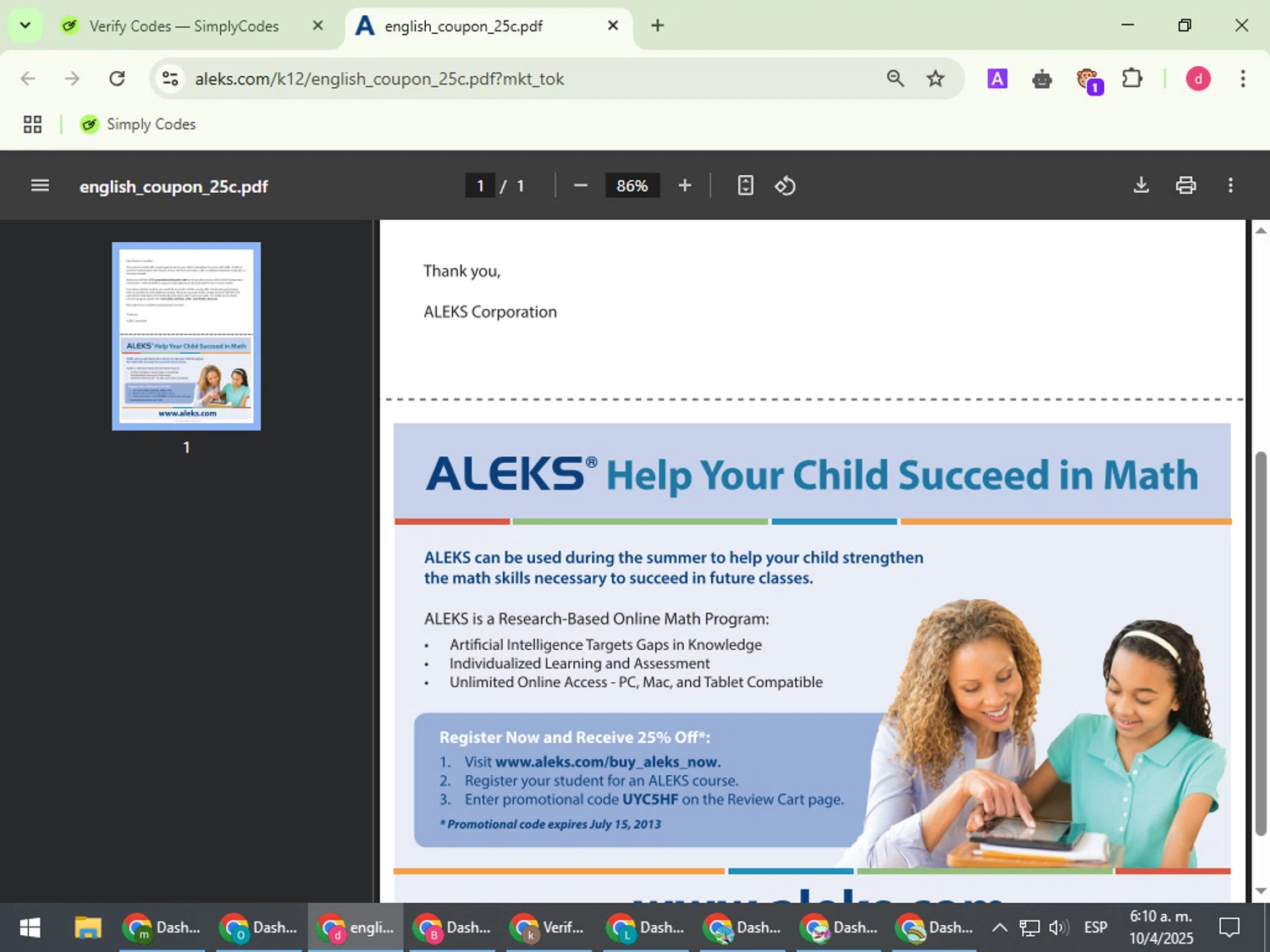 Aleks checkout page showing Aleks promo code box | Screenshot taken by SimplyCodes community member on Apr 10, 2025