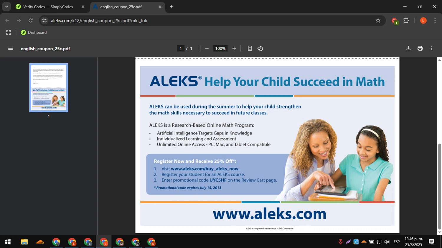 Aleks checkout page showing Aleks promo code box | Screenshot taken by SimplyCodes community member on Mar 25, 2025