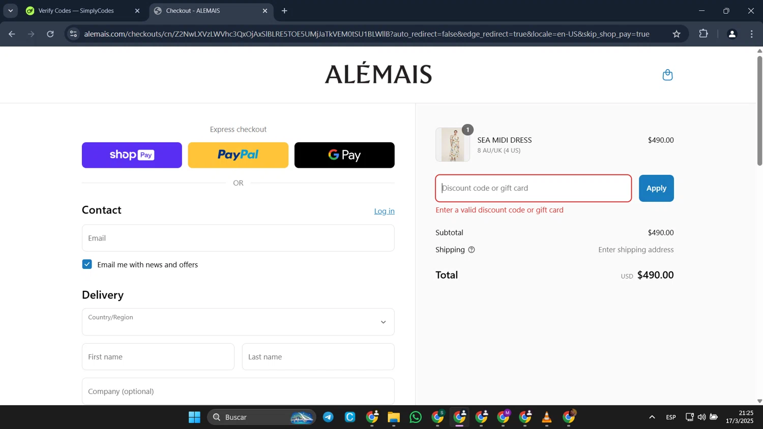 ALEMAIS discount code screenshot showing code FREESHIP applied at ALEMAIS checkout page. Uploaded by SimplyCodes community member CleverFalcon6244 on Mar 18, 2025