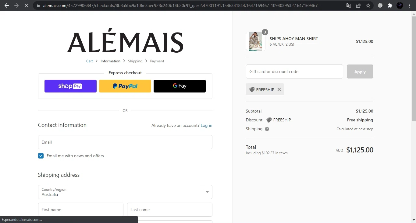 ALEMAIS checkout page showing ALEMAIS discount code box | Screenshot taken by SimplyCodes community member on Mar 13, 2022