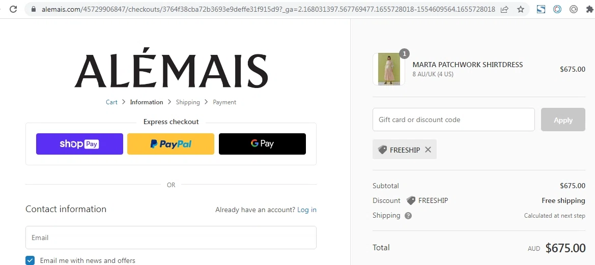 ALEMAIS checkout page showing ALEMAIS discount code box | Screenshot taken by SimplyCodes community member on Jun 20, 2022