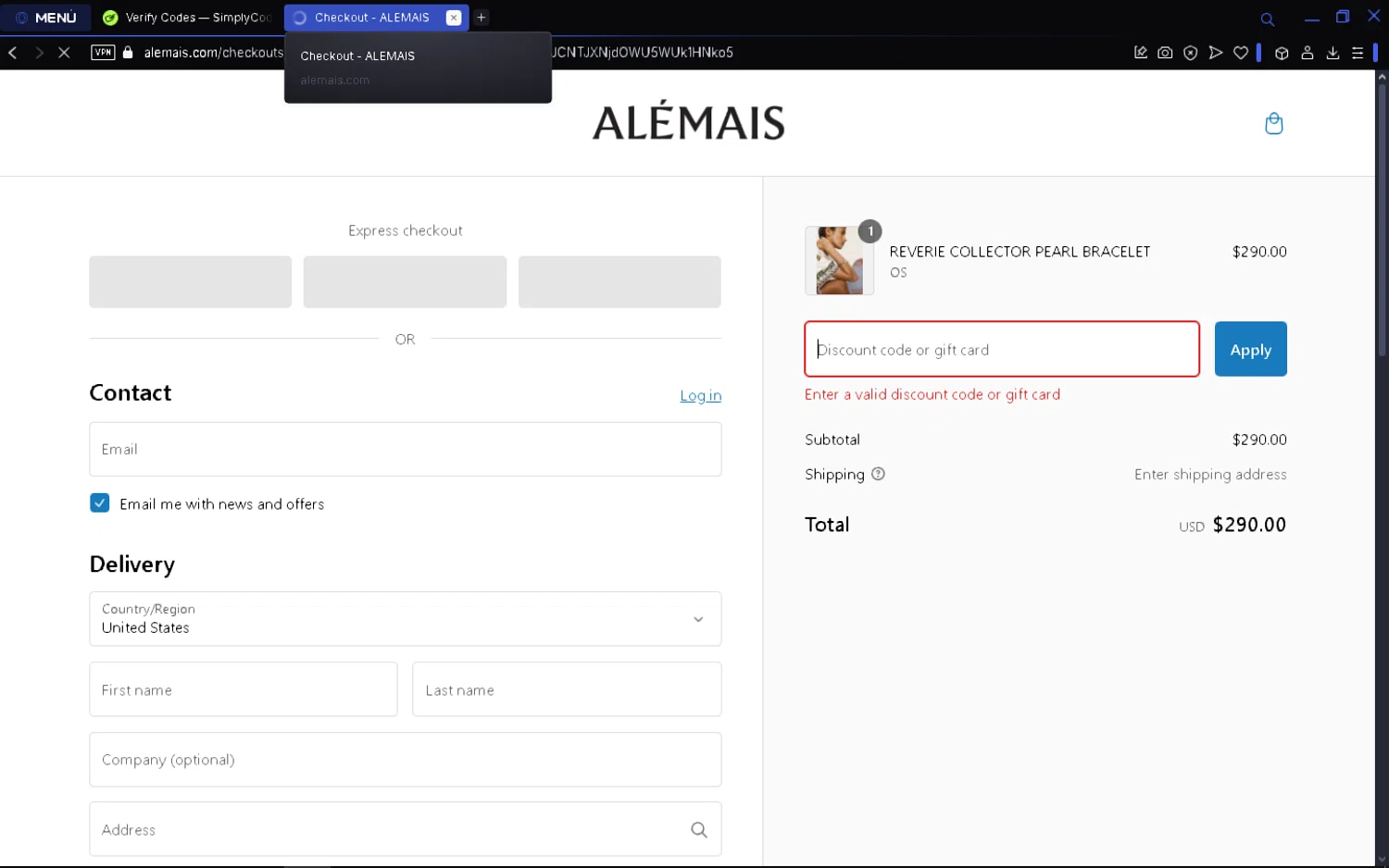 ALEMAIS discount code screenshot showing code BYEBYE40 applied at ALEMAIS checkout page. Uploaded by SimplyCodes community member fuguettt on Mar 3, 2025