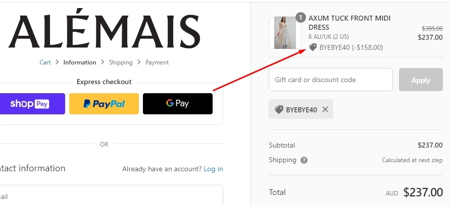 ALEMAIS checkout page showing ALEMAIS discount code box | Screenshot taken by SimplyCodes community member on Jun 13, 2022