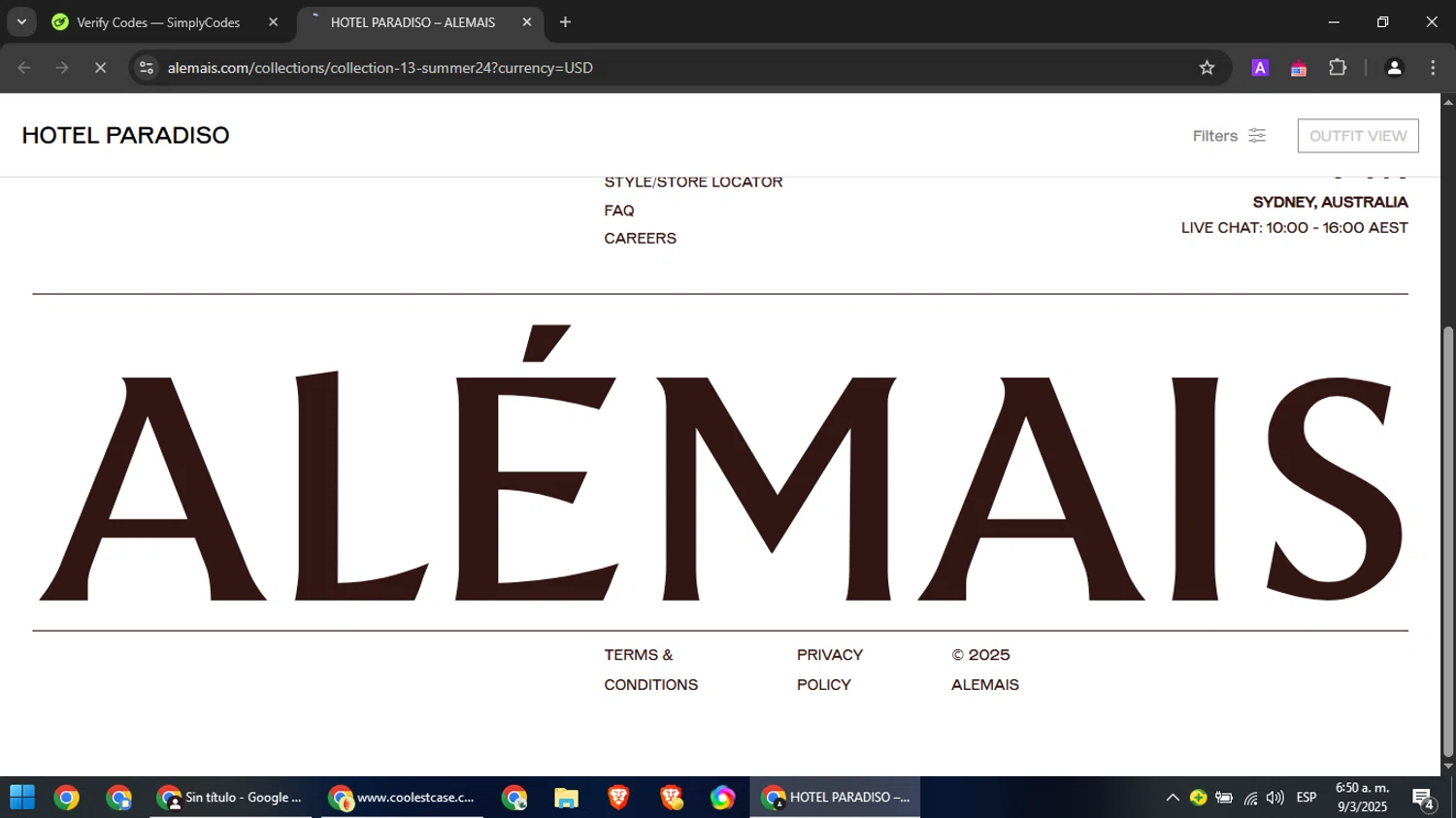 ALEMAIS discount code screenshot showing code SUMMER20 applied at ALEMAIS checkout page. Uploaded by SimplyCodes community member RebateCaptain6440 on Mar 9, 2025