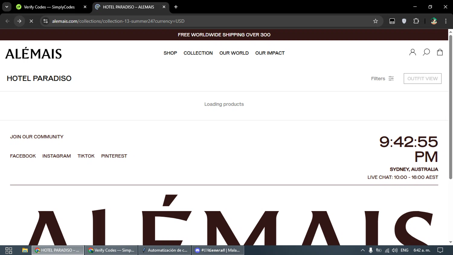 ALEMAIS checkout page showing ALEMAIS discount code box | Screenshot taken by SimplyCodes community member on Mar 9, 2025