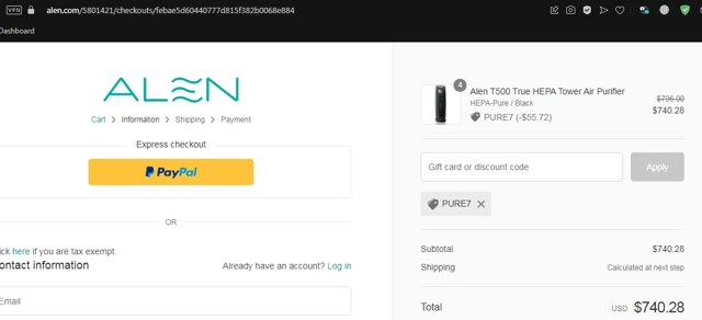 Alen checkout page showing Alen discount code box | Screenshot taken by SimplyCodes community member on Sep 9, 2022