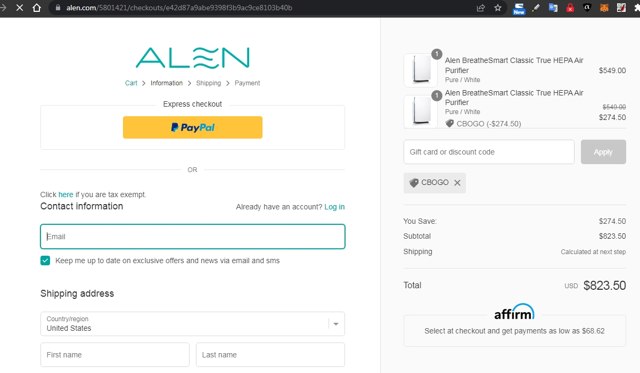 Alen checkout page showing Alen discount code box | Screenshot taken by SimplyCodes community member on Oct 23, 2022
