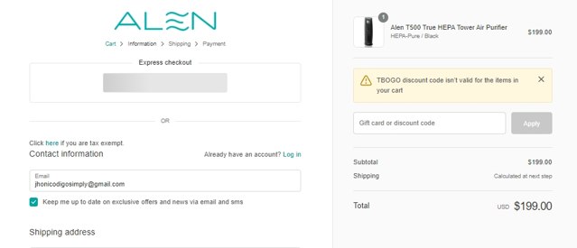 Alen checkout page showing Alen discount code box | Screenshot taken by SimplyCodes community member on Oct 23, 2022