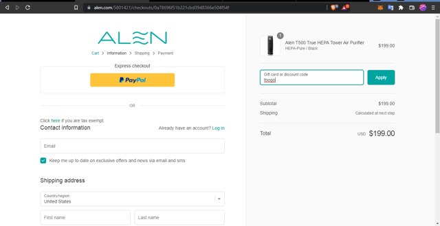 Alen checkout page showing Alen discount code box | Screenshot taken by SimplyCodes community member on Aug 26, 2022