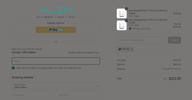 Alen checkout page showing Alen discount code box | Screenshot taken by SimplyCodes community member on Aug 27, 2022