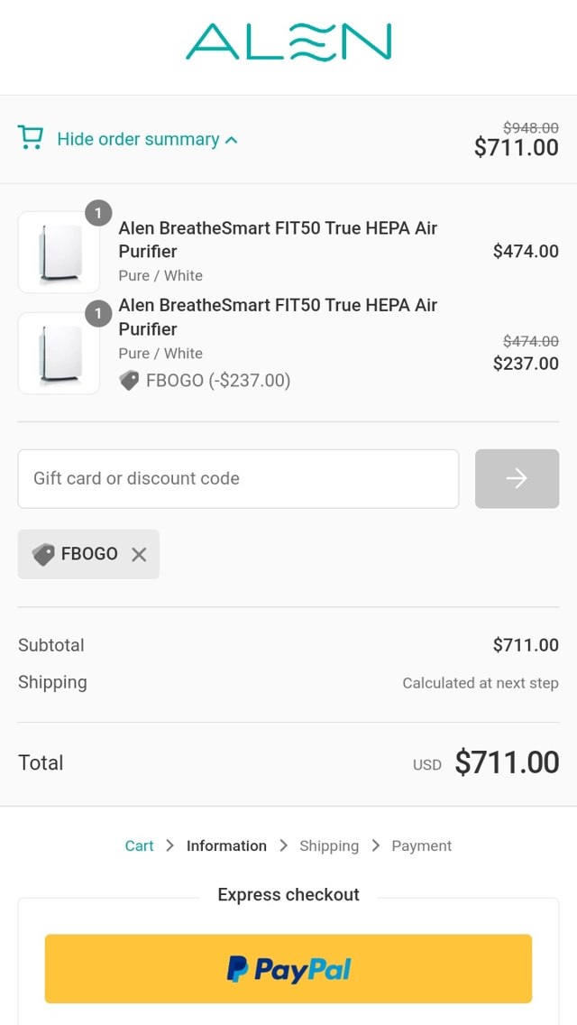Alen checkout page showing Alen discount code box | Screenshot taken by SimplyCodes community member on Oct 24, 2022