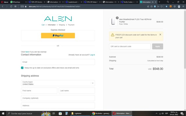 Alen checkout page showing Alen discount code box | Screenshot taken by SimplyCodes community member on Oct 24, 2022