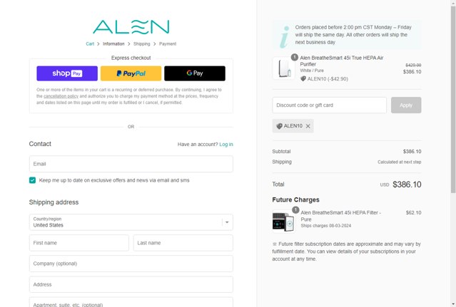 Alen checkout page showing Alen discount code box | Screenshot taken by SimplyCodes community member on Nov 7, 2023