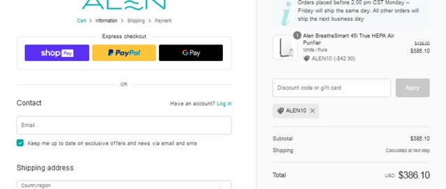 Alen checkout page showing Alen discount code box | Screenshot taken by SimplyCodes community member on Oct 30, 2023