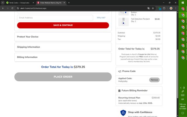 Alert1 Medical Alert Systems checkout page showing Alert1 Medical Alert Systems promo code box | Screenshot taken by SimplyCodes community member on Jul 12, 2025