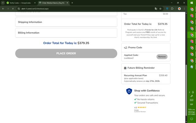 Alert1 Medical Alert Systems checkout page showing Alert1 Medical Alert Systems promo code box | Screenshot taken by SimplyCodes community member on Jul 27, 2025