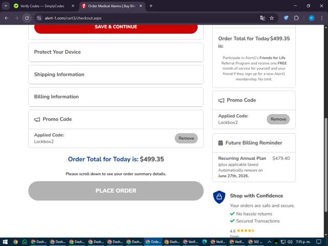Alert1 Medical Alert Systems checkout page showing Alert1 Medical Alert Systems promo code box | Screenshot taken by SimplyCodes community member on Jun 27, 2025