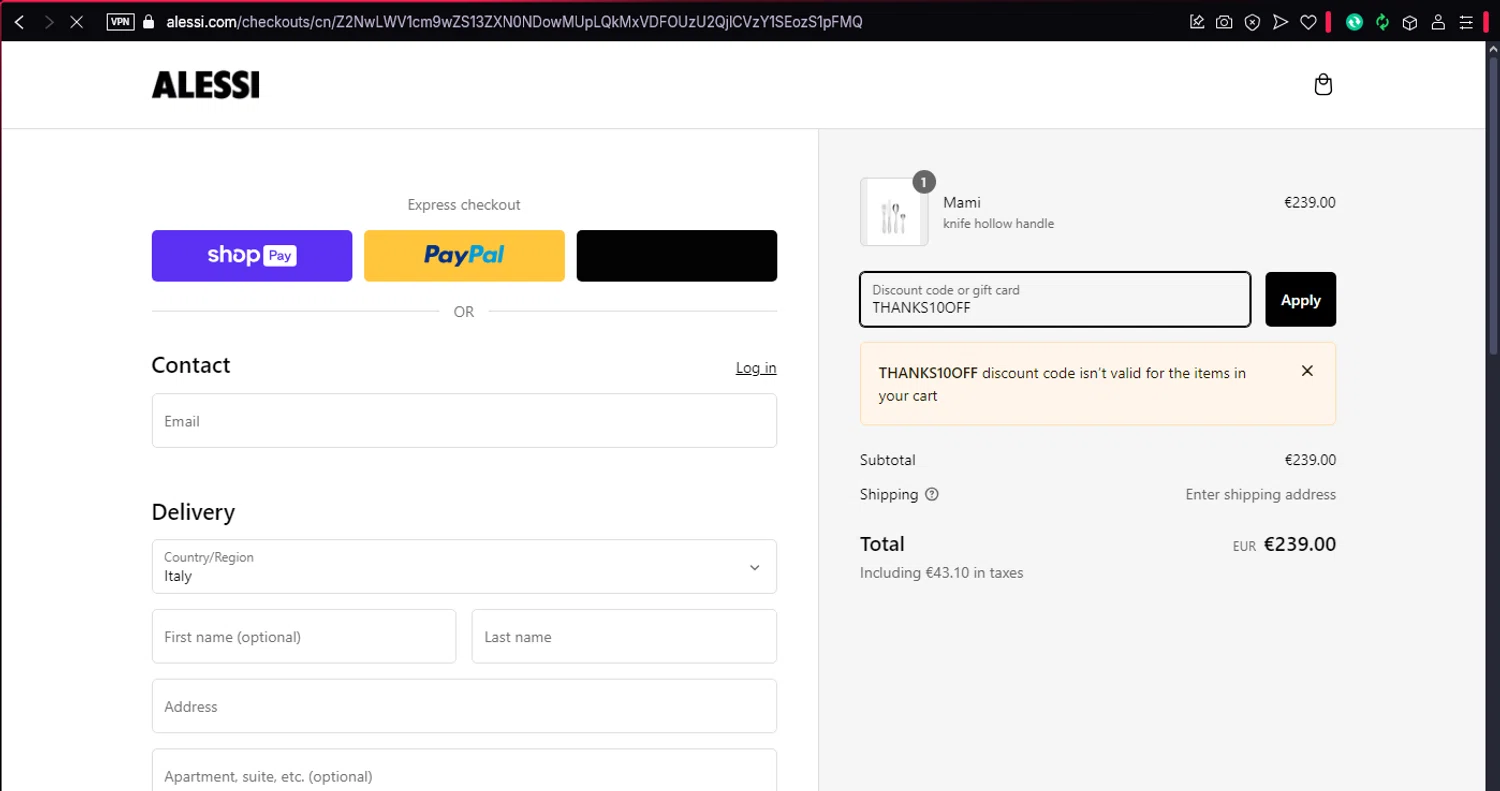 Alessi promo code screenshot showing code THANKS10OFF applied at Alessi checkout page. Uploaded by SimplyCodes community member dtavoplomeria on Feb 5, 2025