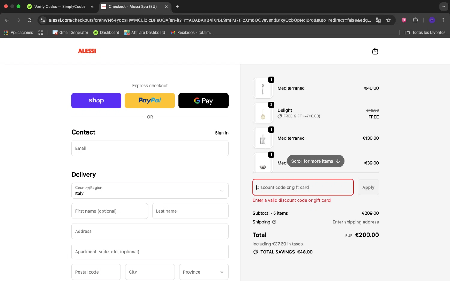 Alessi promo code screenshot showing code EXTRA10 applied at Alessi checkout page. Uploaded by SimplyCodes community member 1234ely on Dec 5, 2025