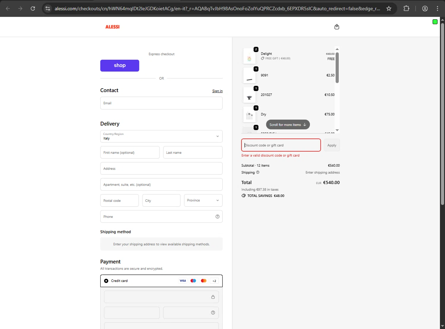 Alessi promo code screenshot showing code EXTRA10 applied at Alessi checkout page. Uploaded by SimplyCodes community member gokuyvegetta on Dec 5, 2025