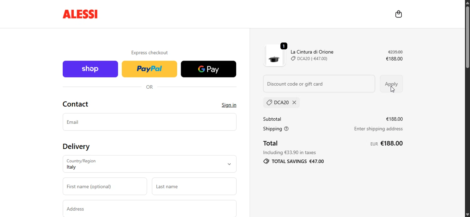Alessi promo code screenshot showing code DCA20 applied at Alessi checkout page. Uploaded by SimplyCodes community member Bendito on Oct 3, 2025