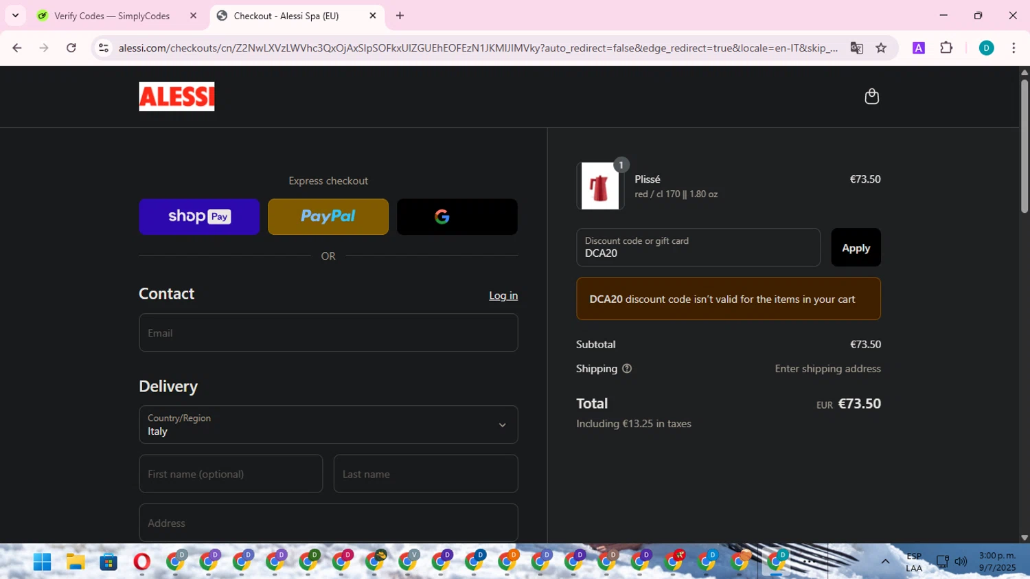Alessi promo code screenshot showing code DCA20 applied at Alessi checkout page. Uploaded by SimplyCodes community member ShrewdTracker5871 on Jul 9, 2025