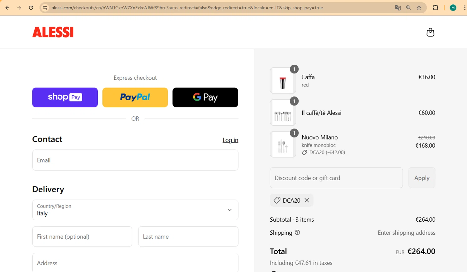 Alessi promo code screenshot showing code DCA20 applied at Alessi checkout page. Uploaded by SimplyCodes community member marco007 on Jul 31, 2025
